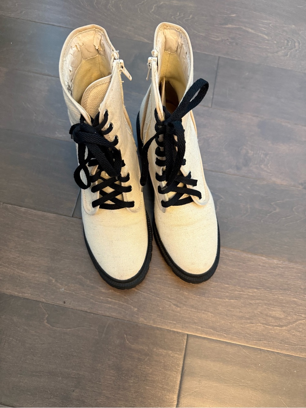 Rachel Canvas Lace-Up Ankle Boots in Cream with Black Accents, womenβs, chunky,
